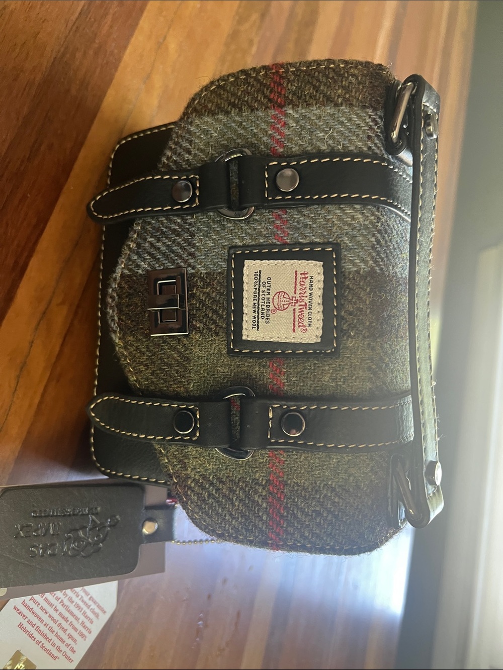 Harris Tweed Olive Green Crossbody Bag with Leather Trim
